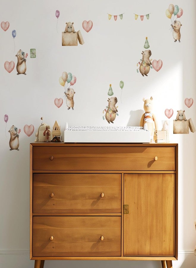 ملصقات جدارية من Alwayspon، 26 ملصقًا بتصميم حيوان الكابيبارا اللطيف، بالون وردي، ملصقات جدارية سهلة اللصق والإزالة لتزيين جدران غرف المعيشة، غرف الأطفال، غرف النوم - Image 3